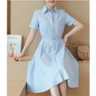 Short Sleeve A-line Chambray Shirtdress With Belt