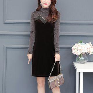 Long-sleeve Mesh Panel Velvet A-line Dress