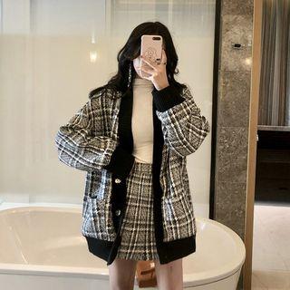 Oversized Plaid Buttoned Jacket / Mini Skirt
