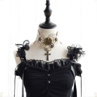 Cross & Skull Steam Punk Lace Choker Beige - One Size