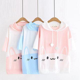 Cartoon Two-tone Panel Hooded Short-sleeve T-shirt