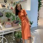 Short-sleeve Plain Drawstring Midi A-line Dress