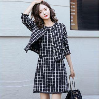 Set: Plaid Tweed Jacket + Sleeveless Dress