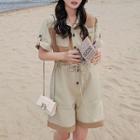 Elbow-sleeve Two-tone Cargo Romper