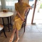 Short-sleeve Floral Midi Chiffon Dress Yellow - One Size