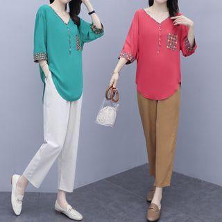 Set: Elbow-sleeve Printed Hem Blouse + Cropped Straight-fit Pants