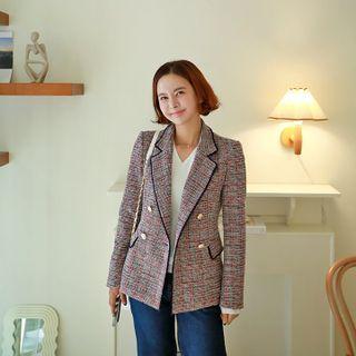 Double-breasted Piped Tweed Blazer