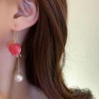 Flower Faux Pearl Alloy Dangle Earring 1 Pair - Red & Gold - One Size