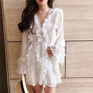 Frilled Trim Long-sleeve A-line Dress White - One Size