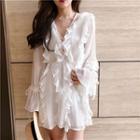 Frilled Trim Long-sleeve A-line Dress White - One Size