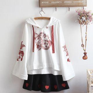 Printed Hooded Long-sleeve T-shirt / Heart Embroidered Mini A-line Skirt / Set