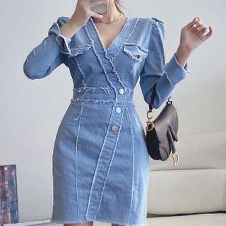 V-neck Long-sleeve Denim Mini Sheath Dress