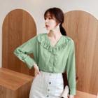 Long-sleeve Crinkled Ruffled Buttoned Top