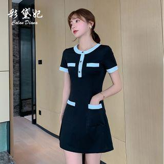 Contrast Trim Short-sleeve Half-button Mini A-line Dress