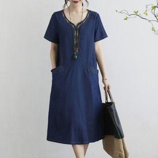 Short-sleeve Embroidered Denim Midi Dress