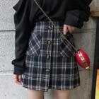 Pocket Patch Button Plaid Mini A-line Skirt