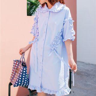Elbow-sleeve Ruffled Shirt Dress