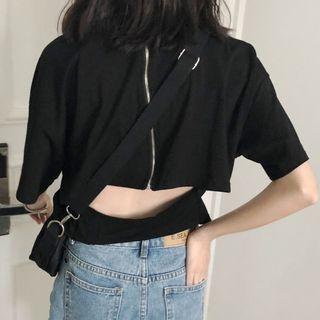 Plain Cut Out Back Elbow Sleeve T-shirt