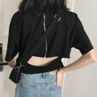 Plain Cut Out Back Elbow Sleeve T-shirt