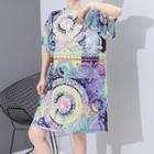 Patterned Short-sleeve T-shirt Dress As Shown In Figure - One Size