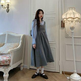 Sailor Collar Plain Blouse / Midi A-line Overall Dress