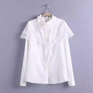 Long-sleeve Paneled Tie-neck Blouse