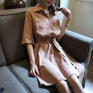 Plain Elbow Sleeve Midi Shirtdress
