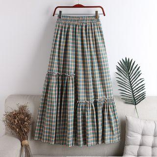 Plaid Asymmetric Ruffle Trim Midi A-line Skirt
