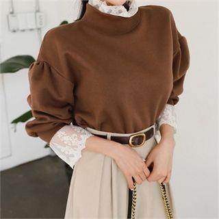 Mock-neck Puff-shoulder Lace-trim Pullover