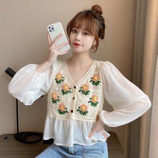 Long-sleeve Floral Embroidered Knit Panel Blouse