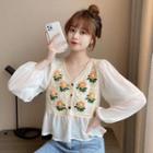 Long-sleeve Floral Embroidered Knit Panel Blouse