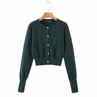 Button-up Letter Embroidered Knit Top
