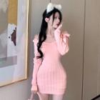 Plain Bow Skinny Mini Dress Pink - One Size