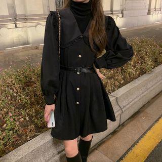 Long-sleeve Wide Collar Lace Trim A-line Dress