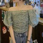 Cropped Off-shoulder Floral Ruched Puff-sleeve Top Green - One Size