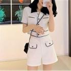 Set: Short-sleeve Button-up Cropped Jacket + Shorts