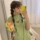 Elbow-sleeve Butterfly Embroidery T-shirt