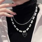 Heart Pendant Faux Pearl Alloy Layered Necklace X779 - Silver & Black - One Size