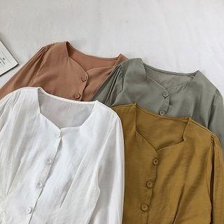 Plain Single-breasted Crewneck Long-sleeve Blouse