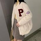 Oversized Letter Embroidered Argyle Long-sleeve Jacket
