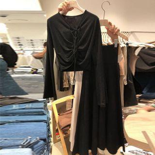 Set: Drawstring Long-sleeve Top + Midi A-line Skirt