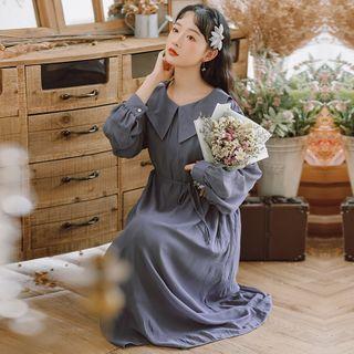 Collared Long-sleeve Midi Shift Dress / Flower Embroidered Sweater / Set