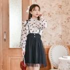 Lace Panel Ruffle Trim Dotted Blouse / Suspender Mesh Mini A-line Skirt