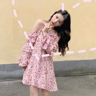 Spaghetti-strap Off-shoulder Floral Printed Dress