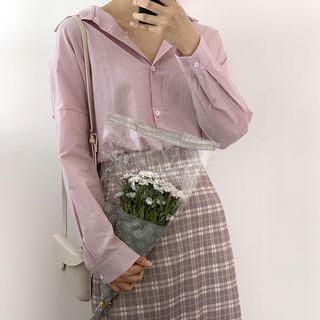 Plain Shirt / Plaid Midi Straight-fit Skirt