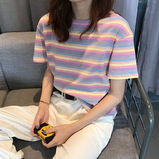 Rainbow Striped Short-sleeve Top As Shown In Figure - One Size