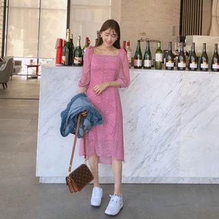 Puff-shoulder Square-neck Floral Dress Pink - One Size