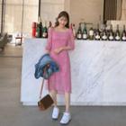 Puff-shoulder Square-neck Floral Dress Pink - One Size