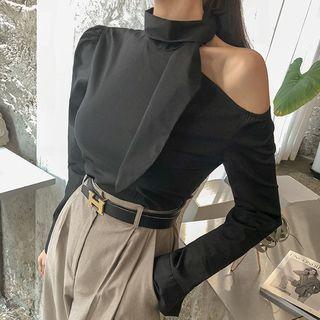 Scarf-neck Cold-shoulder Blouse