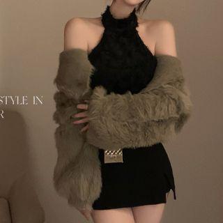 Halter-neck Fluffy Top / Pencil Skirt / Cardigan